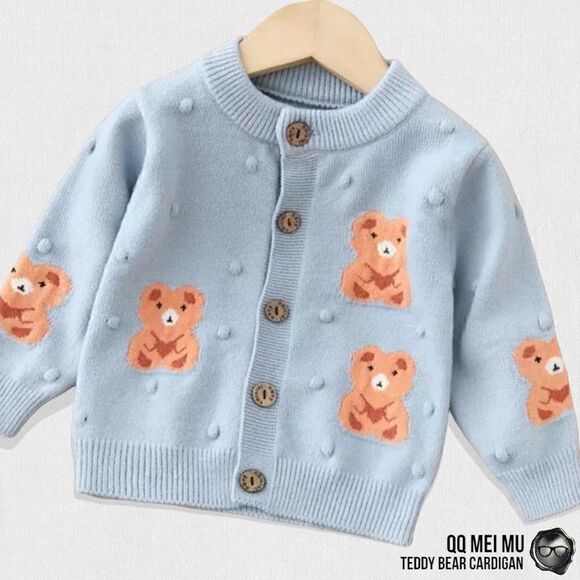 SUPER SOFT BABY BLUE KNIT TEDDY BEAR CARDIGAN SWEATER IN UNISEX SMALL KIDS SIZES - Picture 1 of 16